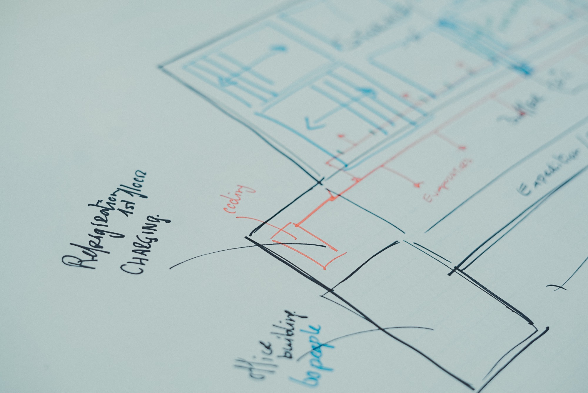 A cold store layout sketched in marker, with the refrigeration floor, cooling and office building annotated by hand
